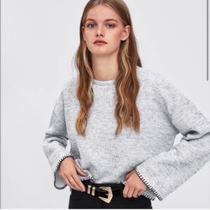 Zara heathered gray whipstitch crop crewneck sweater size small